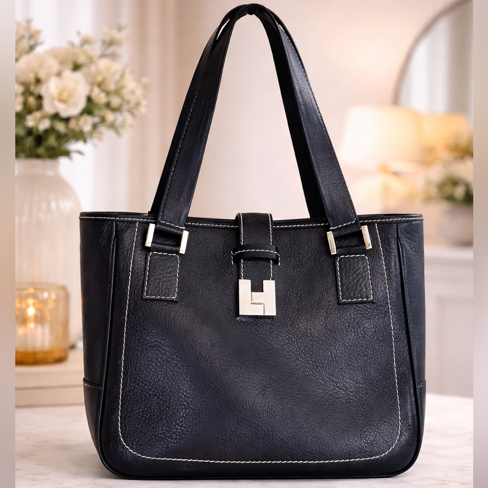 Vintage Lambertson Truex Navy Blue Pebbled Leather Medium Tote Bag